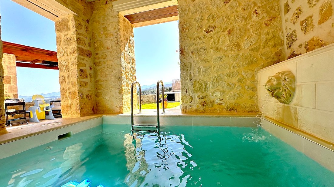 Gorgeous Natural Stone Villa With Courtyard, Pool, Fountain And Great Sea View In Maroulas, Rethymno